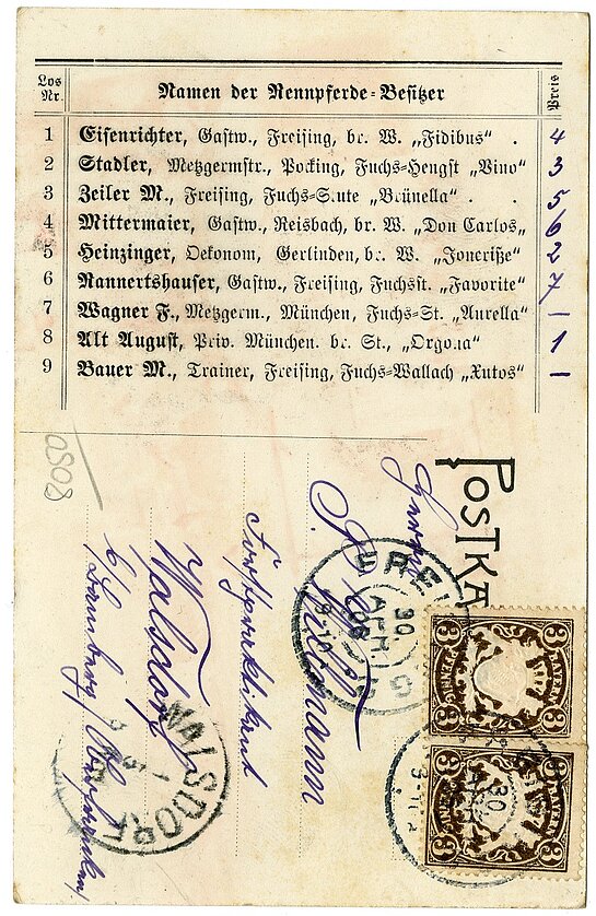 Postkarte vom Freisinger Pferderennen von 1906. 